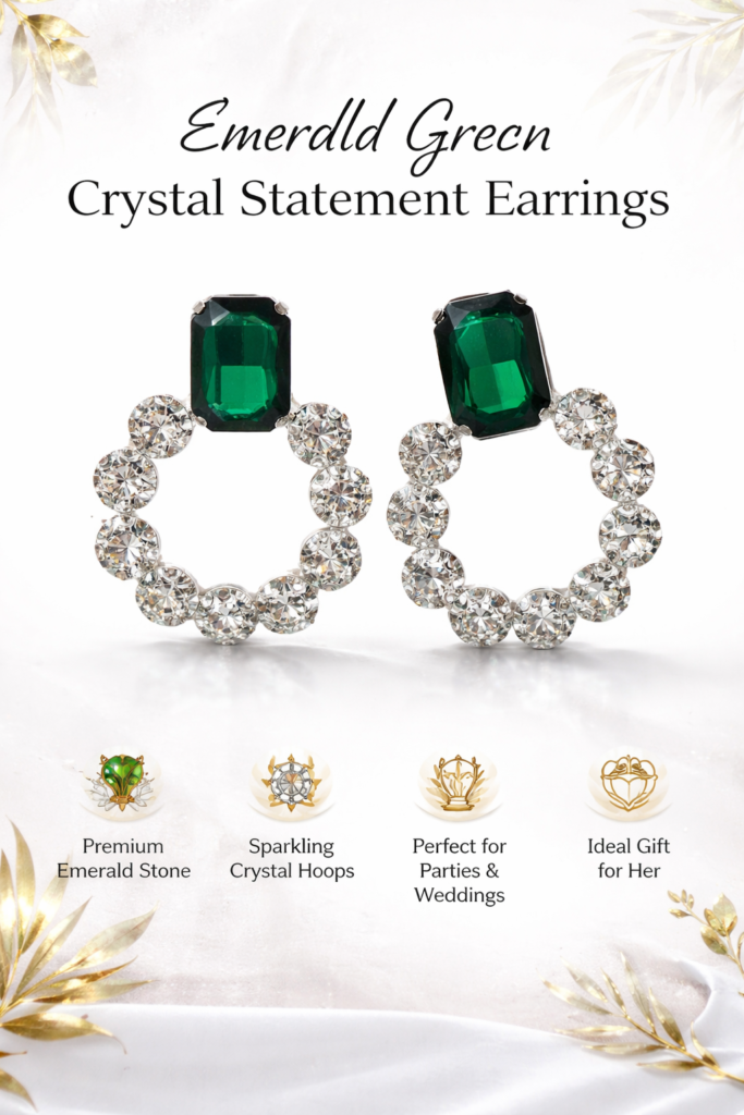 Emerald Green Crystal Statement Earrings for Women | Party Wear Luxury Hoop Drop Earrings