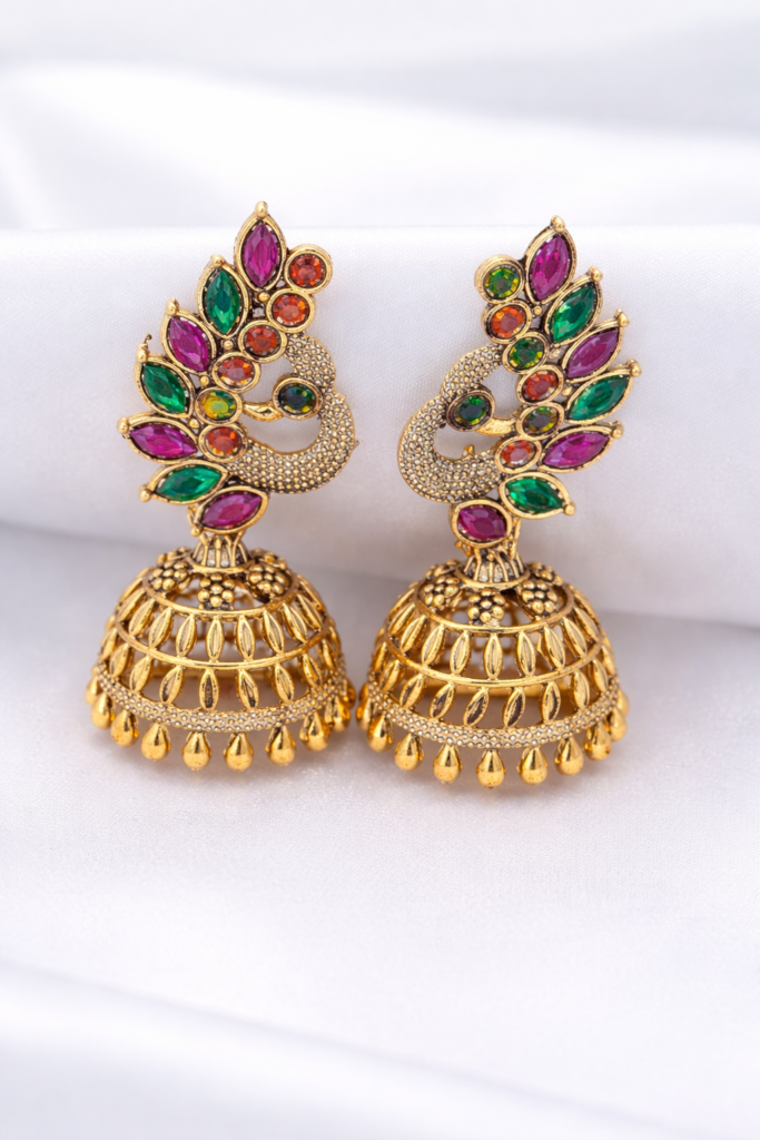 royal gold plated peacock jhumka earrings