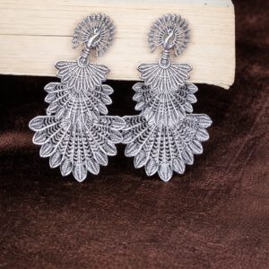 Elegant Silver Peacock Feather Statement Earrings