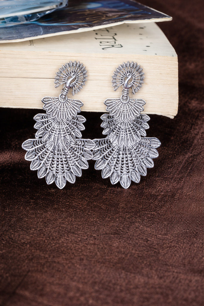 Elegant Silver Peacock Feather Statement Earrings