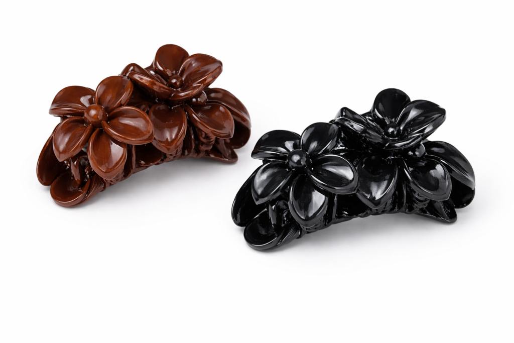 glossy floral hair claw clips – classic brown & black