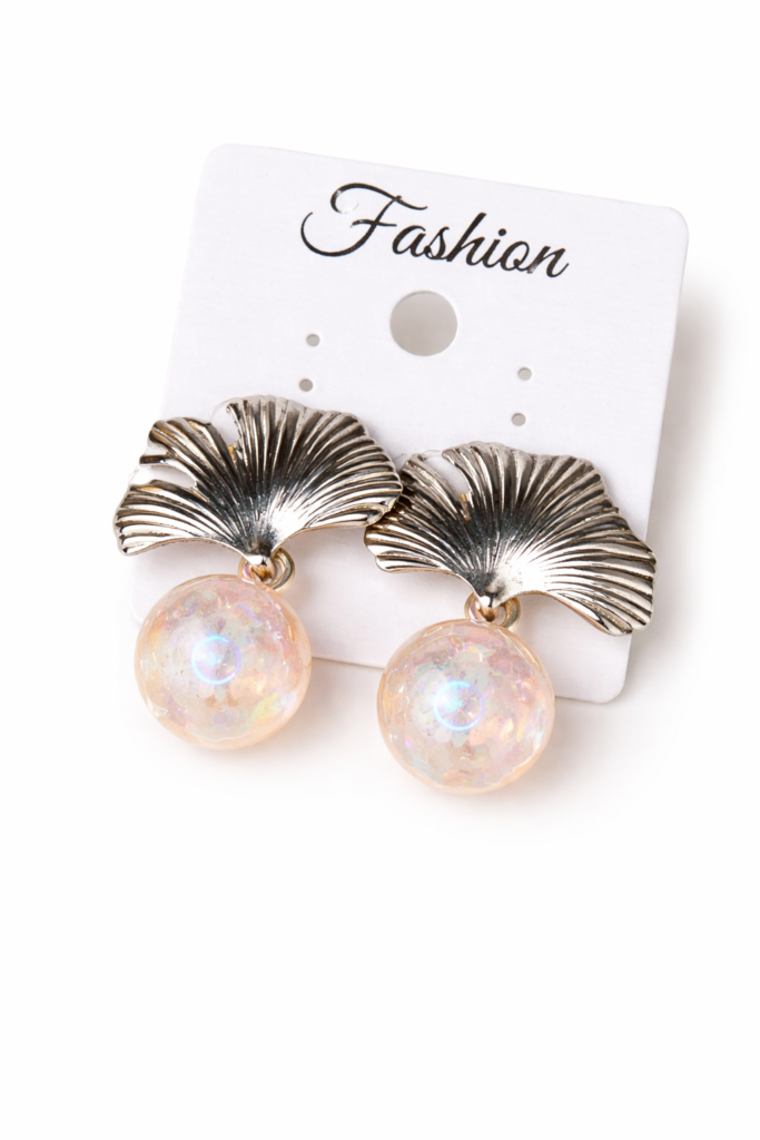 elegant metallic fan stud earrings with pearl drop