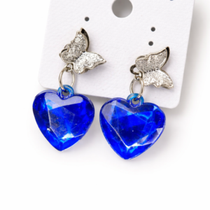 silver butterfly blue crystal heart drop earrings