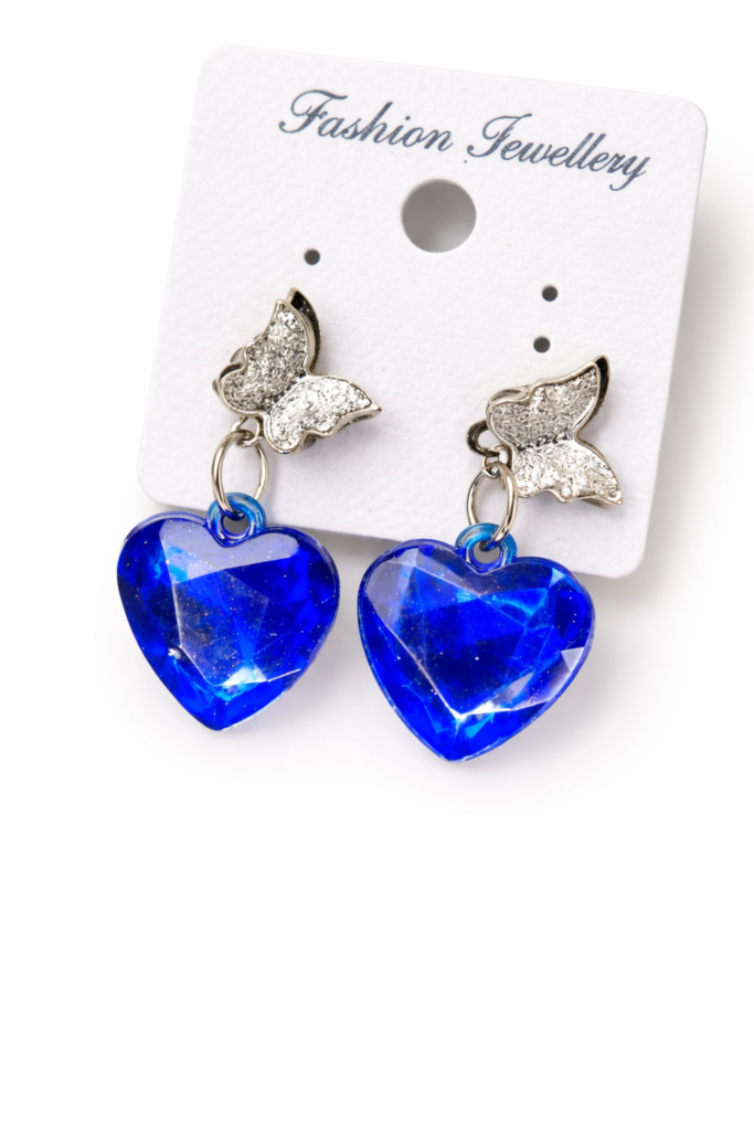 silver butterfly blue crystal heart drop earrings
