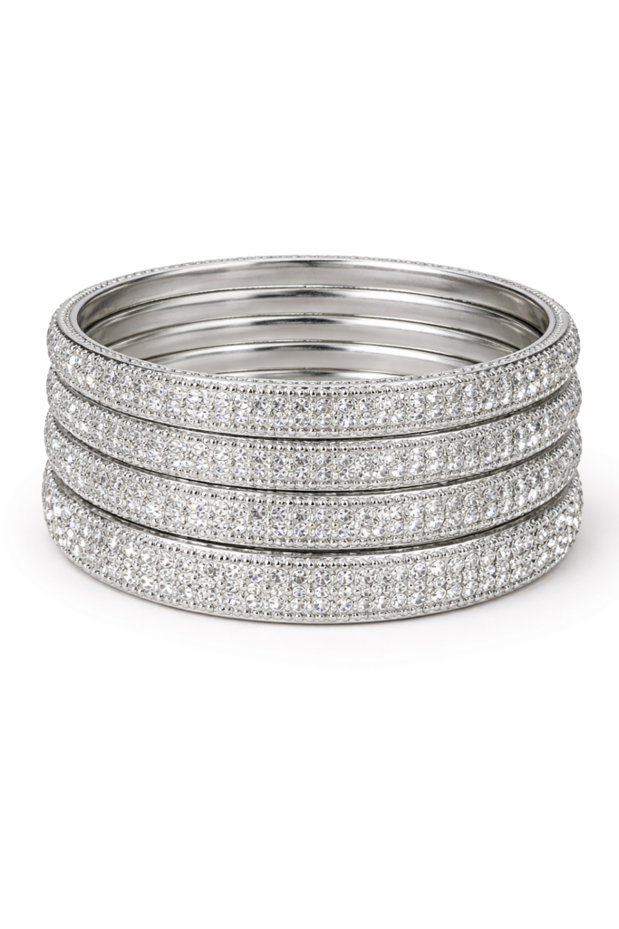 sparkling silver crystal bangles set – party wear